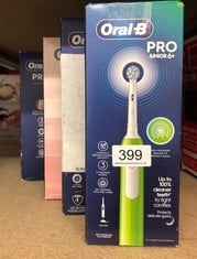 QUANTITY OF HEALTH & BEAUTY ITEMS TO INCLUDE ORAL-B PRO JUNIOR KIDS ELECTRIC TOOTHBRUSH, 1 TOOTHBRUSH HEAD, 3 MODES WITH KID-FRIENDLY SENSITIVE MODE, FOR AGES 6+, 2 PIN UK PLUG, GREEN: LOCATION - D