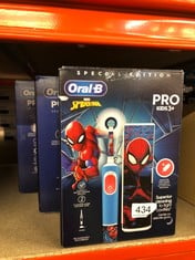 QUANTITY OF HEALTH & BEAUTY ITEMS TO INCLUDE ORAL-B PRO KIDS ELECTRIC TOOTHBRUSH, 1 TOOTHBRUSH HEAD, X4 SPIDERMAN STICKERS, 1 TRAVEL CASE, 2 MODES WITH KID-FRIENDLY SENSITIVE MODE, FOR AGES 3+, 2 PIN