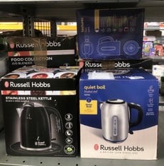 QUANTITY OF KITCHEN & APPLIANCES ITEMS TO INCLUDE RUSSELL HOBBS BRUSHED STAINLESS STEEL ELECTRIC 1.7L CORDLESS KETTLE (QUIET & FAST BOIL 3KW, REMOVABLE WASHABLE ANTI-SCALE FILTER, PUSH BUTTON LID, PE