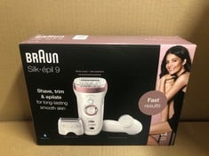 BRAUN SILK EPIL 9 EPILATOR HAIR REMOVAL, INCLUDES FACIAL CLEANSING BRUSH HIGH FREQUENCY MASSAGE CAP SHAVER AND TRIMMER HEAD, CORDLESS, WET & DRY, 100% WATERPROOF, UK 2 PIN PLUG, 9-880, WHITE/PINK.: L