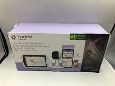 QTY OF ITEMS TO INCLUDE HUBBLE CONNECTED NURSERY PAL SKYVIEW SMART VIDEO BABY MONITOR WIFI CAMERA WITH 5" INCH SCREEN, COT MOUNT, 7 COLOUR NIGHT LIGHT, NIGHT VISION, TWO-WAY TALK, ROOM TEMPERATURE SE