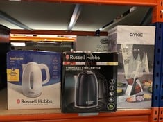 QUANTITY OF KITCHEN & APPLIANCES ITEMS TO INCLUDE RUSSELL HOBBS TEXTURES ELECTRIC 1.7L CORDLESS KETTLE (FAST BOIL 3KW, WHITE PREMIUM PLASTIC, MATT & HIGH GLOSS FINISH, REMOVABLE WASHABLE ANTI-SCALE F