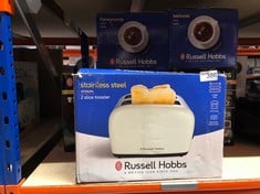 QUANTITY OF ITEMS TO INCLUDE RUSSELL HOBBS 2 SLICE LIFT & LOOK TOASTER (LONGER SLOTS, 6 BROWNING LEVELS, DEFROST/REHEAT/CANCEL FUNCTION, REMOVABLE CRUMB TRAY, 1670W, CREAM & STAINLESS STEEL GLOSS FIN