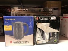 QUANTITY OF ITEMS TO INCLUDE RUSSELL HOBBS HONEYCOMB ELECTRIC 1.7L CORDLESS KETTLE (FAST BOIL 3KW, GREY PREMIUM PLASTIC, MATT & HIGH GLOSS FINISH, REMOVABLE WASHABLE ANTI-SCALE FILTER, PUSH BUTTON LI