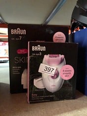 QUANTITY OF ITEMS TO INCLUDE BRAUN SILK-ÉPIL 7 SKINSPA, EPILATOR WITH WIDE HEAD FOR EASY HAIR REMOVAL, WET & DRY, LASTING SMOOTH SKIN, ALL-IN-ONE KIT, 7-081, WHITE/SILVER: LOCATION - D RACK