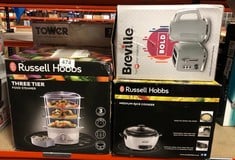 QUANTITY OF ITEMS TO INCLUDE RUSSELL HOBBS 3 TIER ELECTRIC FOOD STEAMER, 9L, DISHWASHER SAFE BPA FREE BASKETS, STACKABLE BASKETS, 1L RICE BOWL INC, 60 MIN TIMER, STEAMS IN 40 SECONDS, HEALTHY EATING,