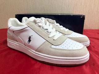 POLO RALPH LAUREN MEN'S COURT LEATHER/SUEDE TRAINERS IN WHITE/NEWPORT NAVY - UK 10 - RRP £115: LOCATION - LUXURY