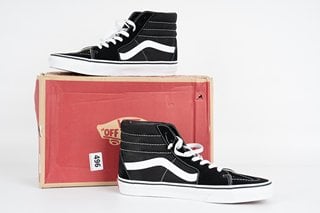 VANS SK8 HI-TOP TRAINERS IN BLACK/WHITE - UK 9 - RRP £75: LOCATION - LUXURY