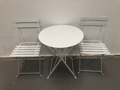 GARDEN SET INCLUDING TWO CHAIRS AND A TABLE (1 OF THE CHAIRS DAMAGED).