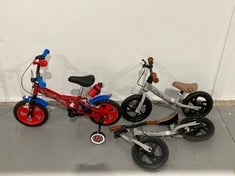 3 X CHILDREN'S BIKES OF VARIOUS MODELS AND SIZES INCLUDING MARVEL SPIDERMAN BIKE (ONE OF THEM BROKEN).