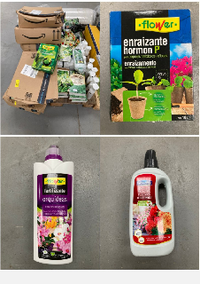 PALLET WITH A VARIETY OF GARDENING ARTICLES INCLUDING BATLLE GREEN PLANTS FERTILIZER.