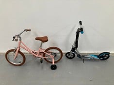 2 X CHILDREN'S LEISURE ARTICLES INCLUDING FABRICBIKE WITH WHEELS (LOOSE HANDLEBARS).