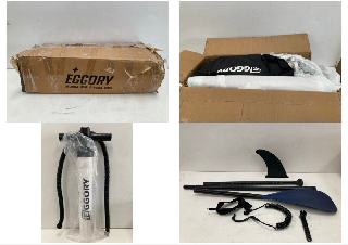 EGGORY PADDLE BOARD INCLUDING PADDLE AND INFLATOR.