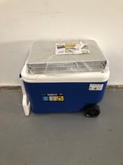 2 X CAMPING ITEMS INCLUDING IGLOO 38 COOL BOX WITH WHEELS AND AKTIVE FOLDING TABLE.