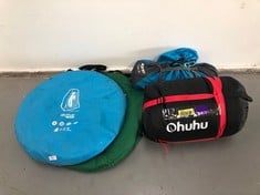 4 X CAMPING ITEMS INCLUDING 300 TENT, 2 CHANGING MATS AND OHUHU SLEEPING BAG.