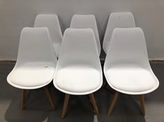 6 X WHITE HOUSEHOLD CHAIRS (1 BROKEN, THE REST DIRTY).