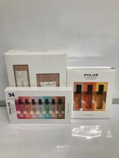 A RANGE OF PERFUMES TO INCLUDE PHLUR DELUXE TRIO SET EAU DE PARFUM 3 X 5ML  ALSO TO INCLUDE PHLUR DISCOVERY SET EAU DE PARFUM 2ML 7X TOTAL RRP £179 (SEALED UNIT)