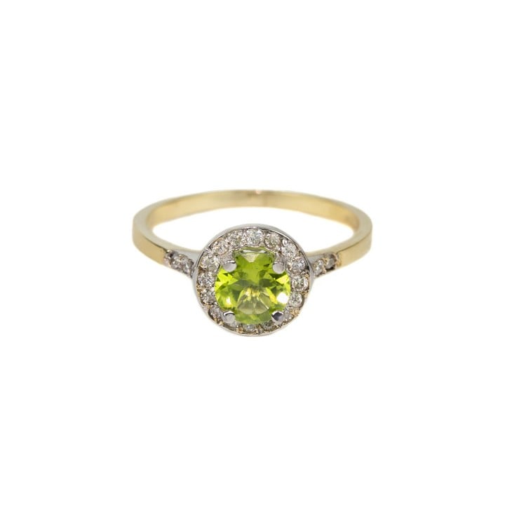 9ct Yellow and White Gold Peridot with Diamond Pavé Halo and Shoulders Ring, Size N½, 2.2g.  Auction Guide: £250-£350