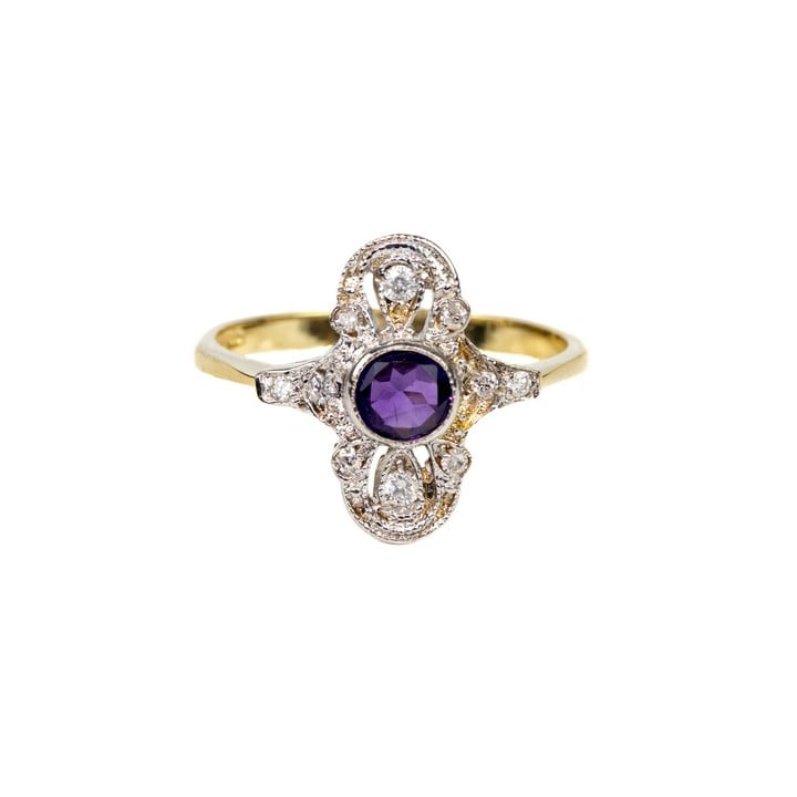 9ct Yellow and White Gold Amethyst and Diamond Ring, Size O½, 2.9g.  Auction Guide: £250-£350