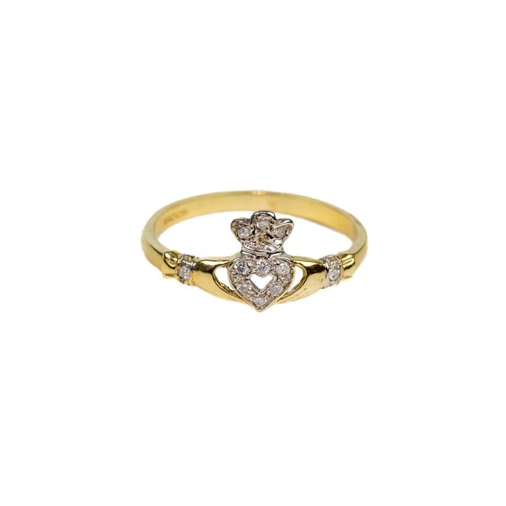 9ct Yellow and White Gold Diamond Claddagh Ring, Size O½, 1.7g.  Auction Guide: £200-£300