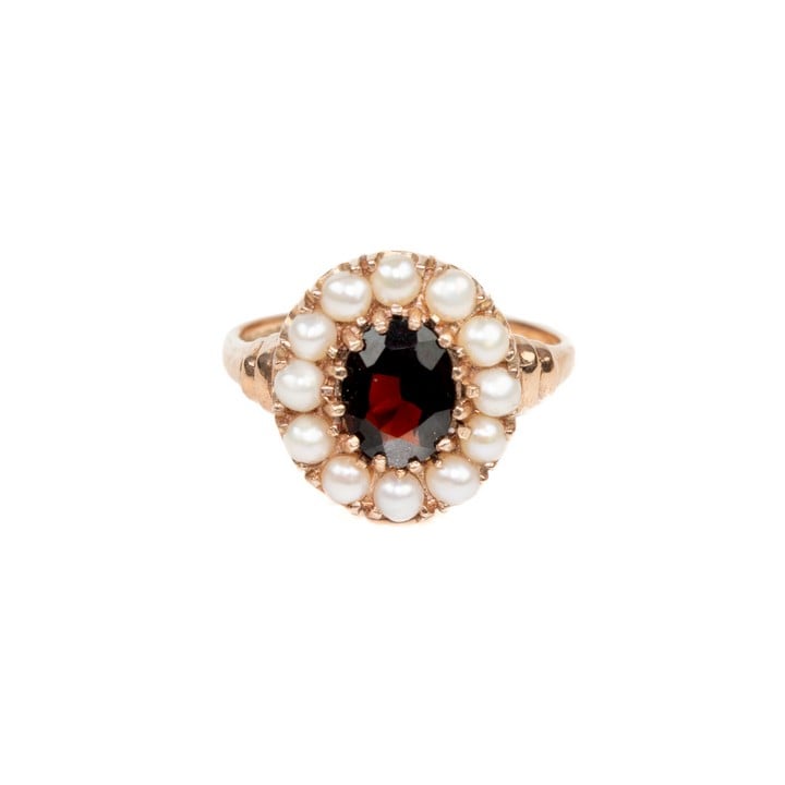 9ct Rose Gold Garnet with Pearl Halo Ring, Size O, 3.3g.  Auction Guide: £150-£250