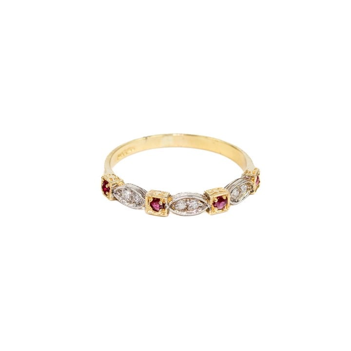 9ct Yellow and White Gold Ruby and Diamond Band Ring, Size N½, 1.4g.  Auction Guide: £150-£200