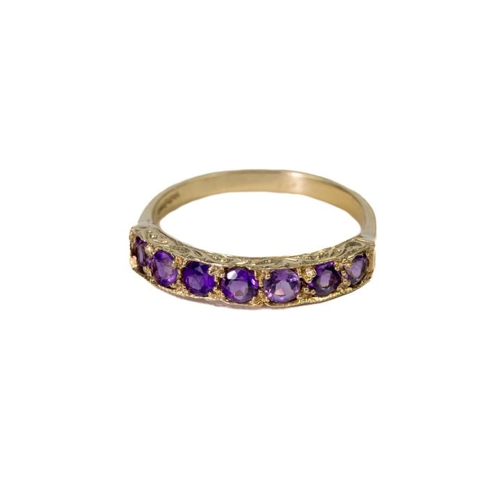 9ct Yellow Gold Amethyst Seven Stone Band Ring, Size M½, 1.8g.  Auction Guide: £150-£200