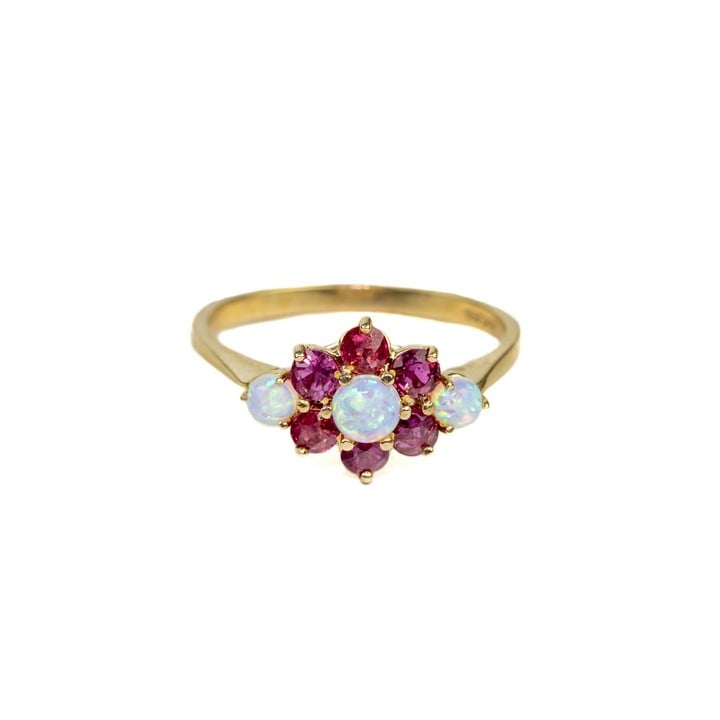 9ct Yellow Gold Synthetic Opal and Ruby Flower Ring, Size O½, 2g