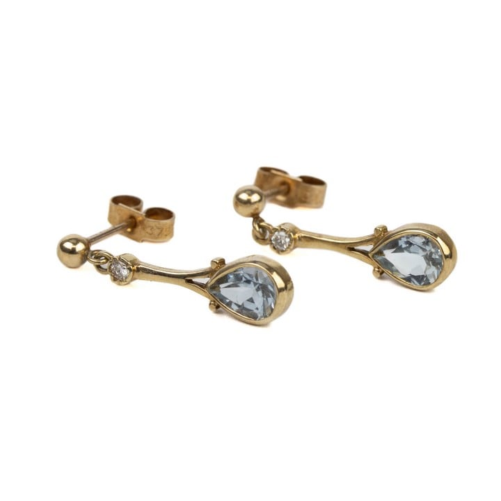 9ct Yellow Gold 0.04ct Diamond and 1.00ct Aquamarine Pear-cut Drop Earrings, 2cm, 1.8g (VAT Only Payable on Buyers Premium)