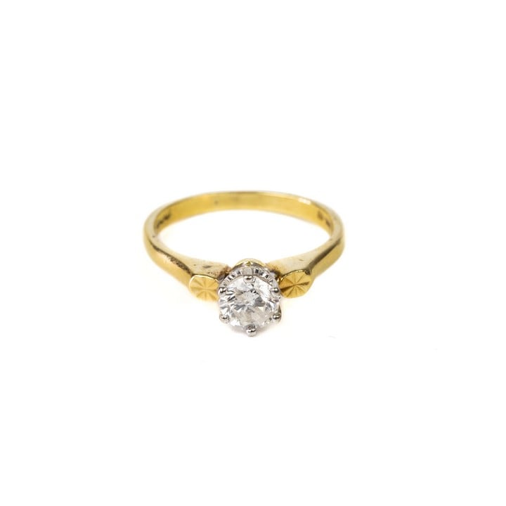 18ct Yellow and White Gold 0.50ct Diamond Round-cut Single Stone Ring, Size J, 3.1g. Colour J-K, Clarity SI2-SI3.  Auction Guide: £350-£450 (VAT Only Payable on Buyers Premium)