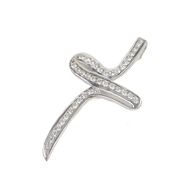 Silver Cubic Zirconia Wavy Cross Pendant, 5x3cm, 5.2g (VAT Only Payable on Buyers Premium)