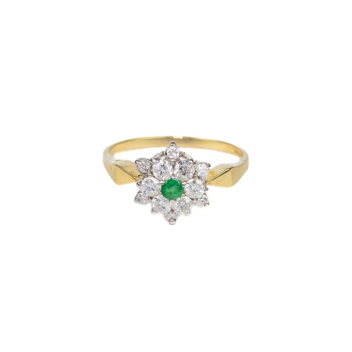 9ct Yellow and White Gold Emerald and Diamond Cluster Flower Ring, Size M½, 2g.  Auction Guide: £300-£400