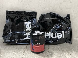 2 X HUEL BANANA AND VANILLA FLAVOUR POWDER PACKS 1.53KG BB: 09/25 TO INCLUDE LEGION PULSE BLUE RASPBERRY PRE WORKOUT DRINK POWDER 480G BB: 10/25: LOCATION - E5