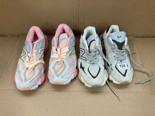 2 X ASSORTED NEW BALANCE MESH AND FAUX SUEDE LACE UP SPORT TRAINERS IN BEIGE AND LIGHT PINK AND GREY SIZE: 6.5 AND 8: LOCATION - E7