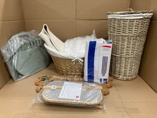 QTY OF ASSORTED JOHN LEWIS AND PARTNERS HOUSE HOLD ITEMS TO INCLUDE CYLINDER SHAPED WICKER LAUNDRY BASKET IN NATURAL: LOCATION - E10