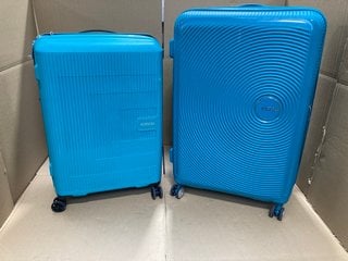 2 X ASSORTED SIZE AMERICAN TOURISTER HARDSHELL TRAVEL SUITCASES IN LIGHT AND DARK TEAL: LOCATION - E13