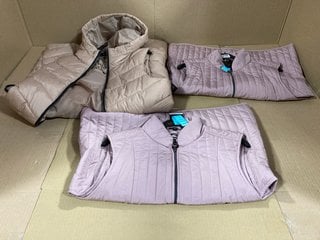 3 X ASSORTED ANNA ROSE WOMENS GILETS IN LIGHT PURPLE AND LIGHT BROWN SIZE: M AND 10: LOCATION - E18