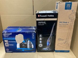 3 X ASSORTED HOUSE HOLD APPLIANCES TO INCLUDE VAX BLADE 4 DUAL PET AND CAR CORDLESS VACUUM CLEANER MODEL: CLVS - B4DC: LOCATION - F13