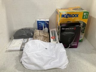 QTY OF ASSORTED ITEMS TO INCLUDE HOZELOCK 30M WALL MOUNTED HOSE REEL , REMINGTON POWER DRY 2000 HAIR DRYER: LOCATION - F12