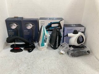 5 X ASSORTED HOUSE HOLD ITEMS TO INCLUDE 2 X CORDLESS STEAM IRONS , HIGH PRESSURE HANDHELD STEAMER: LOCATION - F1