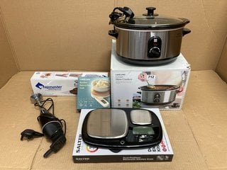 5 X ASSORTED HOUSE HOLD ITEMS TO INCLUDE 3.5L SLOW COOKER , SALTER DUAL PLATFORM ELECTRONIC KITCHEN SCALE: LOCATION - G2