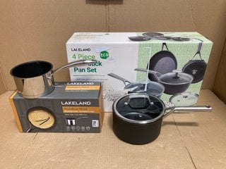 3 X ASSORTED HOUSE HOLD ITEMS TO INCLUDE STAINLESS STEEL 14CM NON STICK MILK PAN , 4 PIECE NON STICK PAN SET: LOCATION - G2