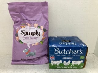 SYMPLY FRESH TURKEY WITH SWEET POTATO AND OAT SMALL BREED ADULT DRY DOG FOOD 6KG TO INCLUDE MULTIPACK OF BUTCHERS TRIPE LOAF RECIPE TINNED WET DOG FOOD - 24 X 400G BB: 02/27: LOCATION - E3