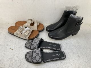 3 X ASSORTED WOMENS SHOES TO INCLUDE STYLE SHOES WOVEN PRINT STRAP SANDALS IN GREY SIZE: 4: LOCATION - E4