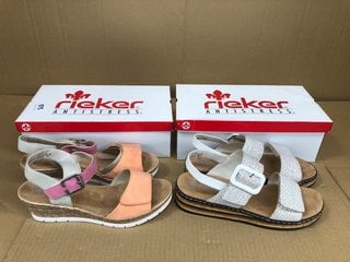 2 X ASSORTED RIEKER WOMENS LEATHER STRAP COLOURED WEDGE SANDALS IN GREY AND PASTEL SIZE: 41 EU: LOCATION - H11