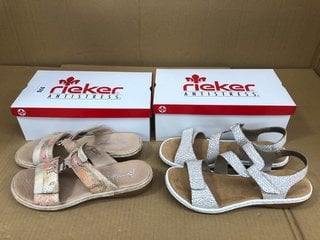 2 X ASSORTED RIEKER WOMENS LEATHER STRAP COLOURED WEDGE SANDALS IN WHITE AND LIGHT BROWN SIZE: 41 EU: LOCATION - H11