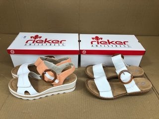 2 X ASSORTED RIEKER WOMENS LEATHER STRAP COLOURED WEDGE SANDALS IN WHITE SIZE: 41 EU: LOCATION - H11