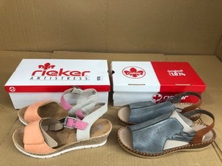 2 X ASSORTED RIEKER WOMENS LEATHER STRAP COLOURED WEDGE SANDALS IN BLUE AND PASTEL SIZE: 41 EU: LOCATION - H11