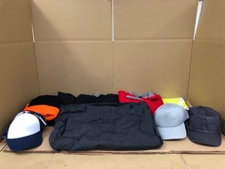 BOX OF ASSORTED CLOTHING TO INCLUDE FRUIT OF THE LOOM QUARTER ZIP PULLOVER IN BLACK SIZE: XL: LOCATION - H11