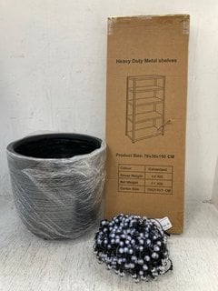 HEAVY DUTY METAL SHELVES TO INCLUDE GARDEN TRADING BERRY LIGHTS AND LARGE GREY FLOWER POT: LOCATION - D9